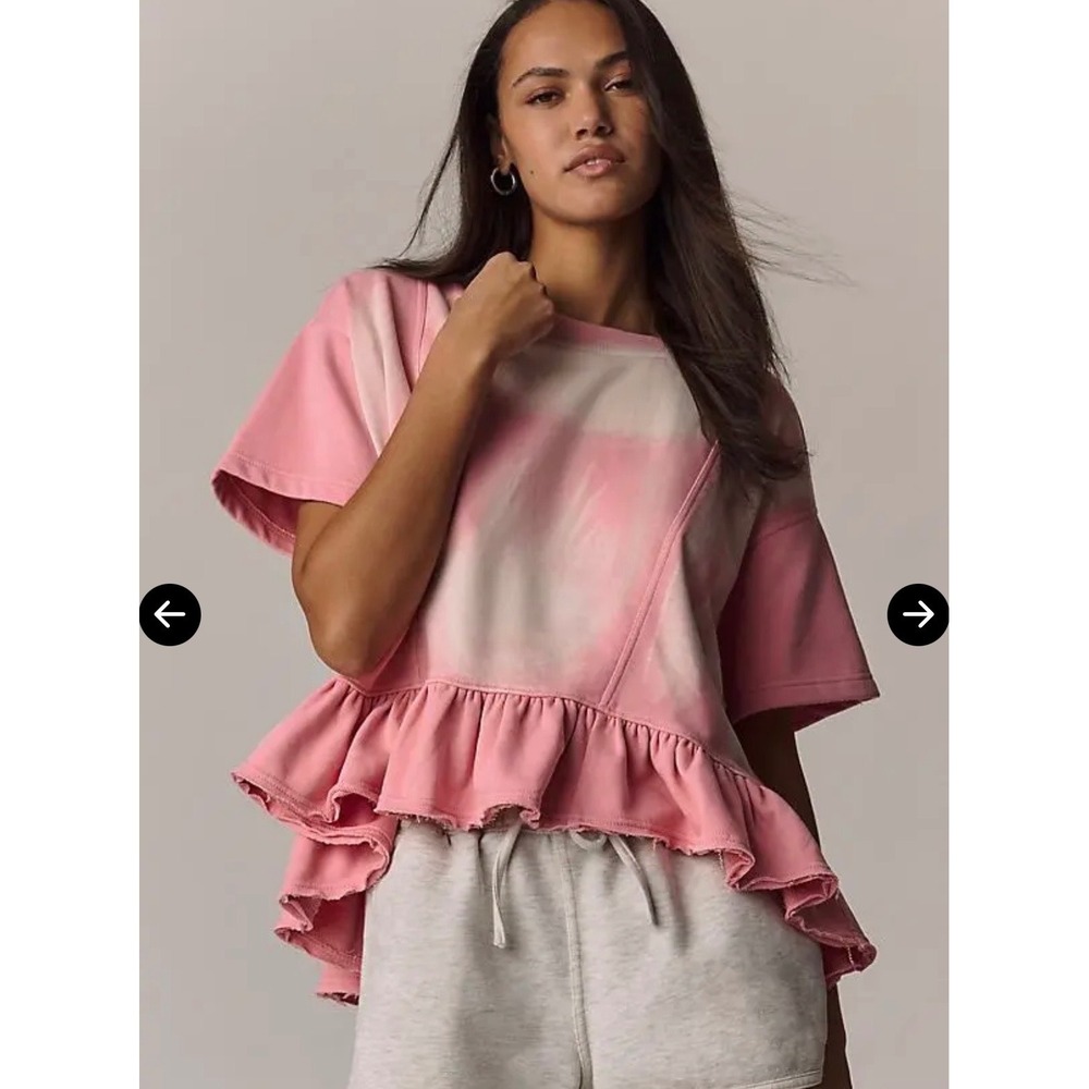 Daily Practice Anthropologie‎ Pink Tie Dye Ruffle Hem Short Sleeve Sweatshirt XS